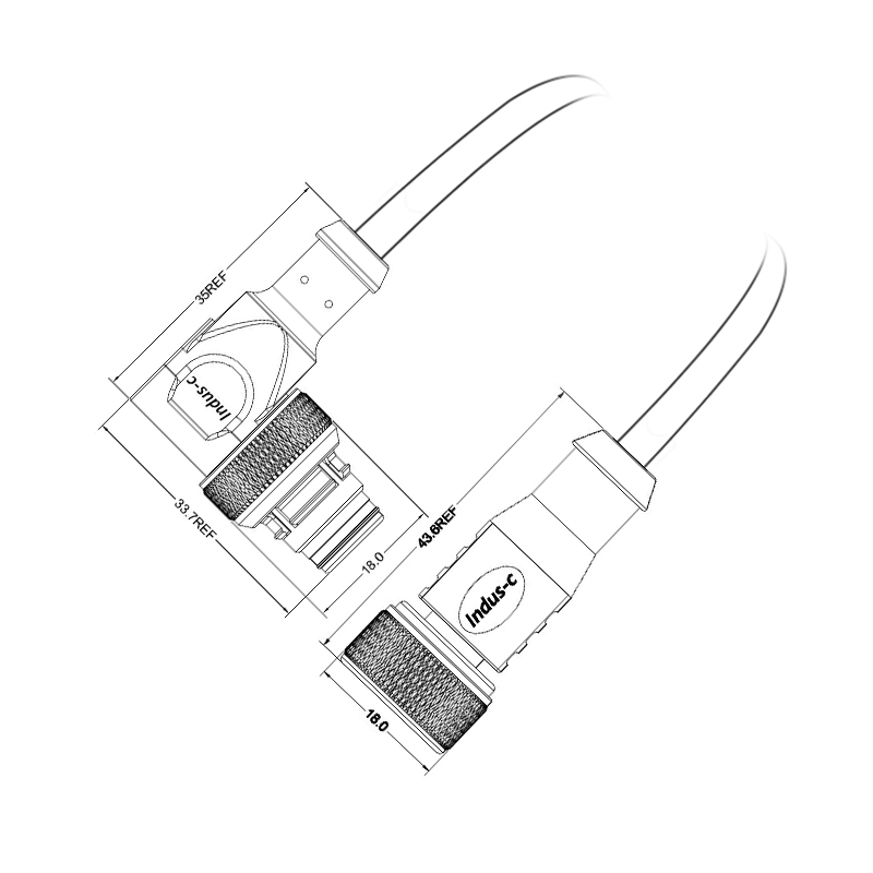 Push-pull m12 5pins A code male right angle to female straight molded cable,unshielded,PVC,-40°C~+105°C,22AWG 0.34mm²,brass with nickel plated screw